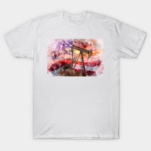 Pumpjack with American Flag silhouette watercolor T-Shirt